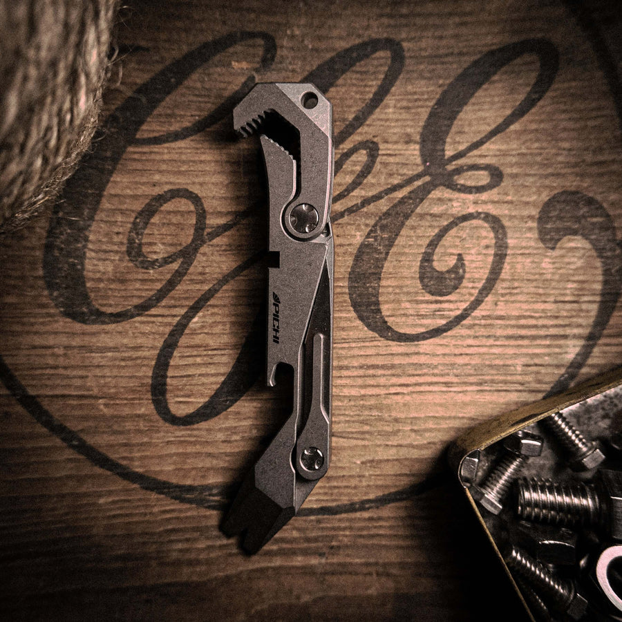 The PICHI X2 is a durable, lightweight titanium multitool, expertly designed for everyday carry. It includes a multi-sized wrench, a sharp knife, a versatile driver, and an effective pry bar, combining essential tools in one compact package.